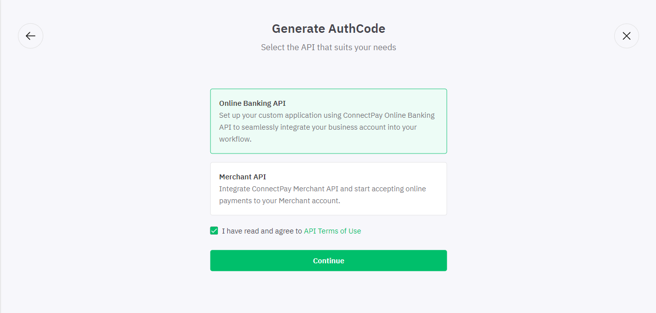 Generate authCode via Online Banking Portal - ConnectPay